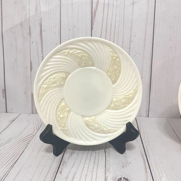 Vintage Cream Porcelain Belleek Ireland Lotus Swirl Saucers Celtic Design Set 2 - Picture 3 of 6